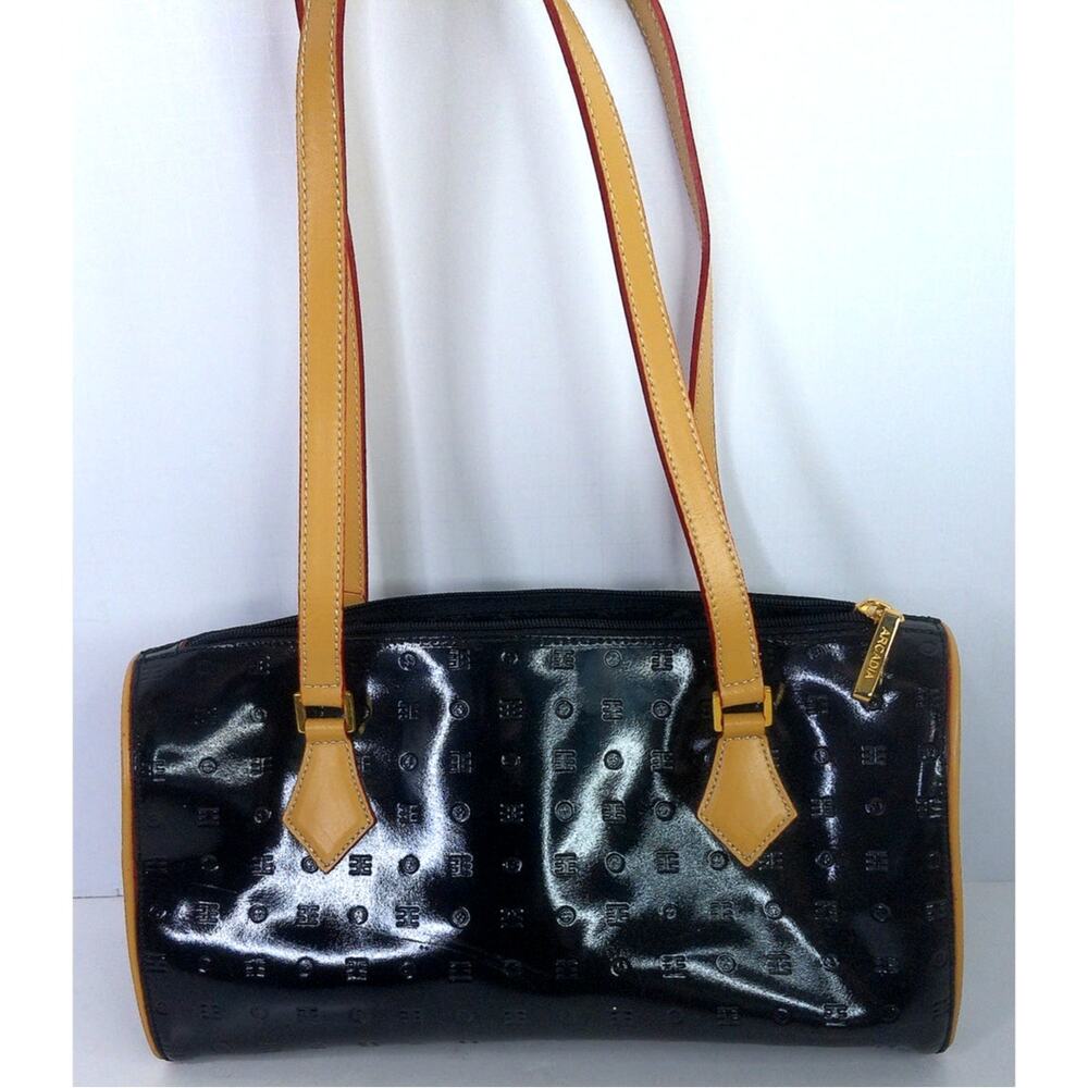 Arcadia Black Embossed Patent Leather Shoulder Bag with Tan Trim